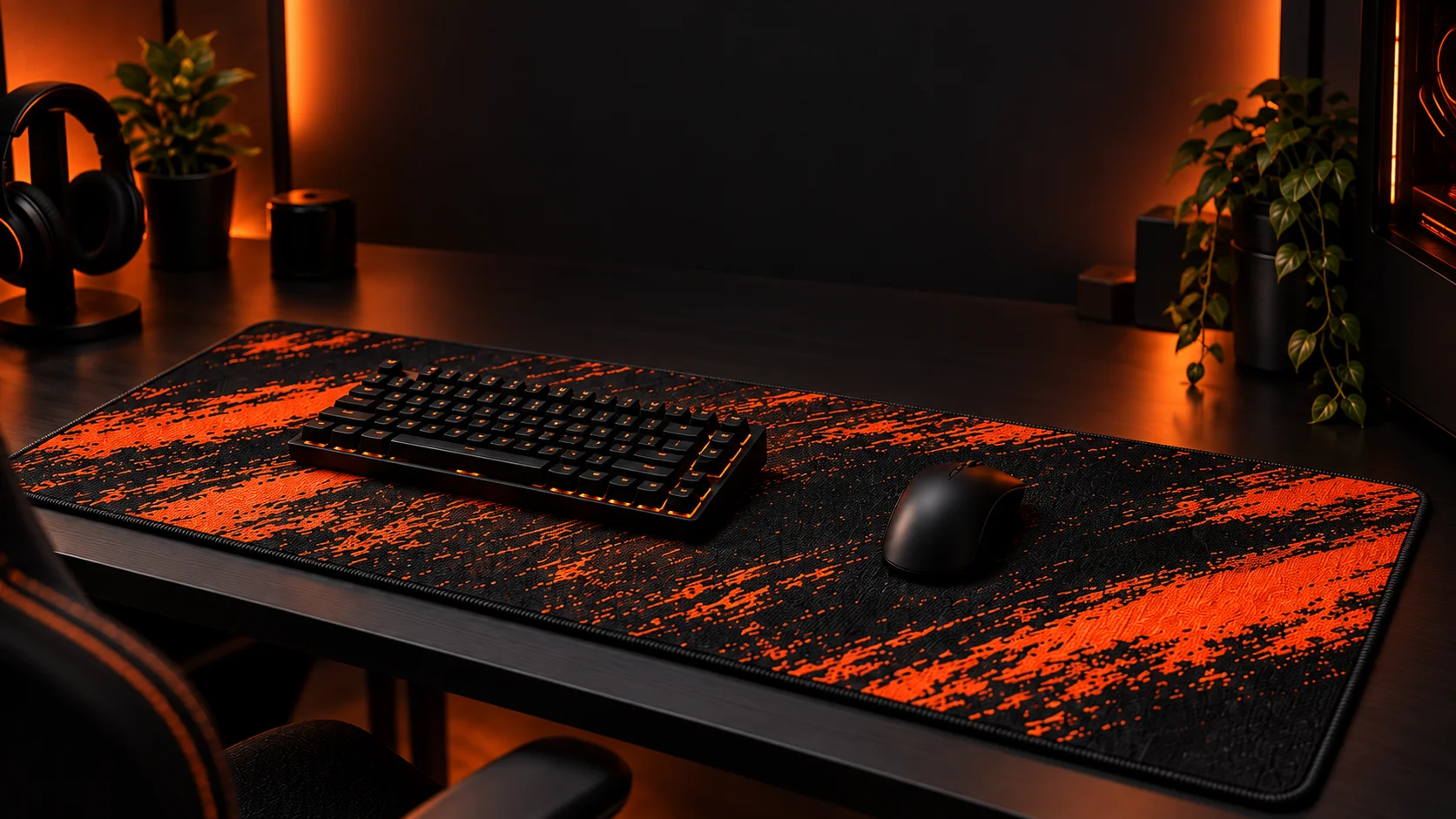 Konceptbild av en gaming-setup med svart och orange musmatta